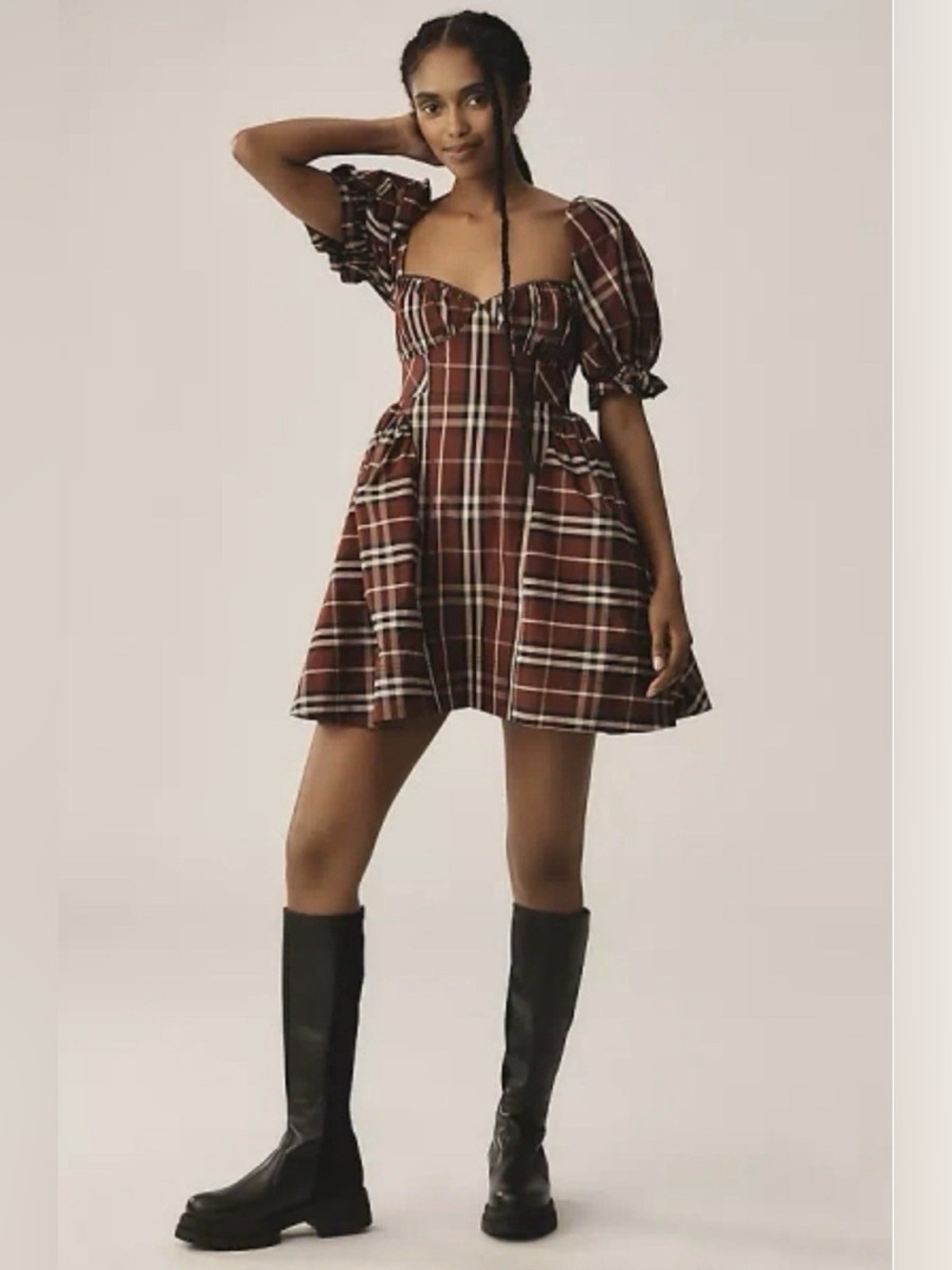 Maeve Anthropologie Burgundy Plaid Puff-Sleeve Mini Dress XL Christmas party
